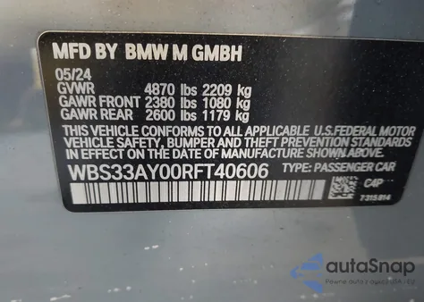 2024 BMW M3 Competition z USA, uszkodzony, nr VIN WBS33AY00RFT40606